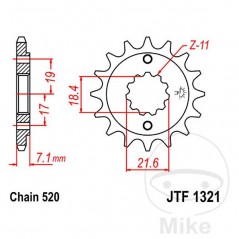 JT SPROCKETS Fine gear transmission pinion 12T P-520 Ø18.4/21.6MM 726.00.64
