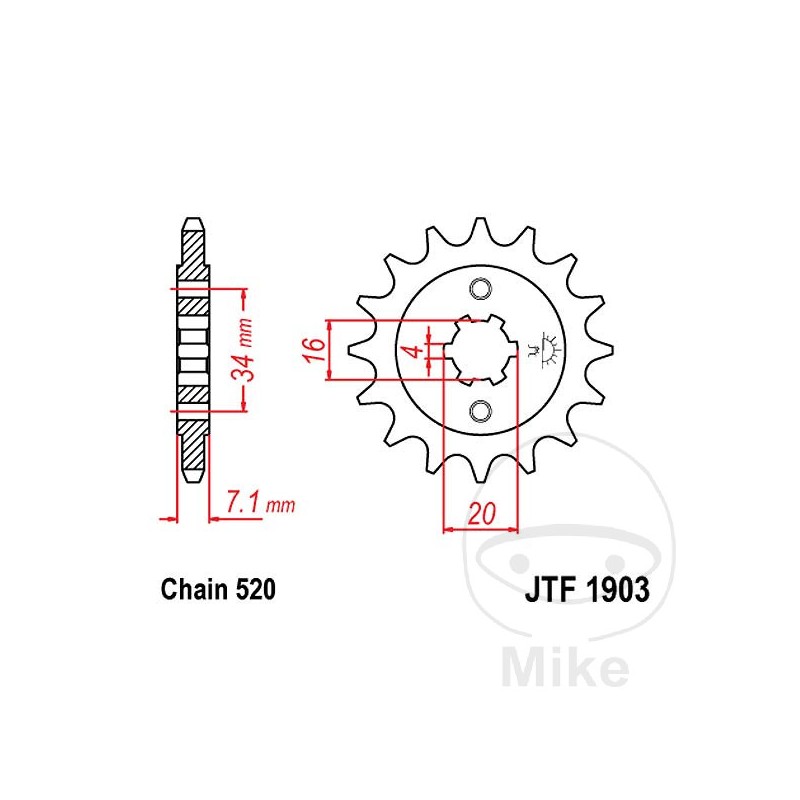 JT SPROCKETS Piñón transmisión engranaje grueso 15T P-520 4 Ø16/20MM 726.02.20