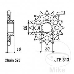 JT SPROCKETS Piñón transmisión engranaje fino 16T 525 Ø26/30 726.00.27