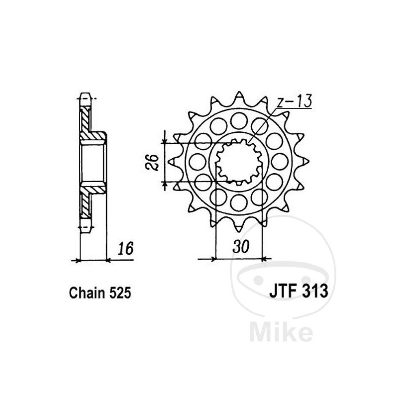 JT SPROCKETS Piñón transmisión engranaje fino 16T 525 Ø26/30 726.00.27
