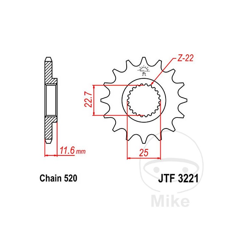 JT SPROCKETS Fine gear transmission pinion 12T P-520 Ø22.7/25MM 726.00.98