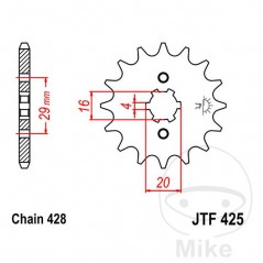 JT SPROCKETS Piñón transmisión engranaje grueso 17T P-428 4 Ø16/20MM 726.01.25