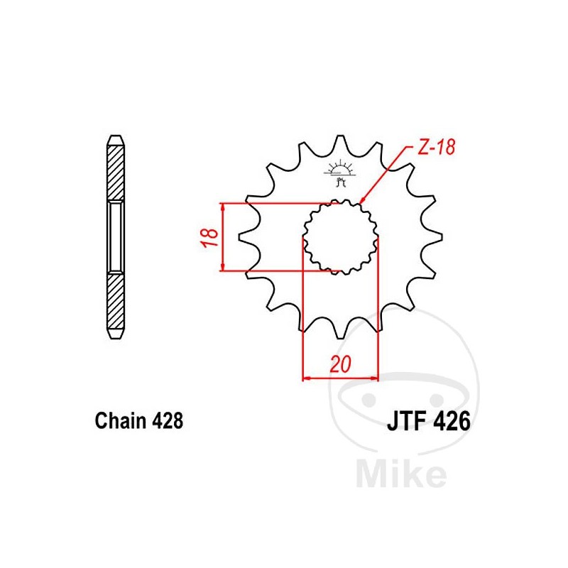 JT SPROCKETS Piñón transmisión engranaje fino 16T P428 Ø18/20MM 726.01.27