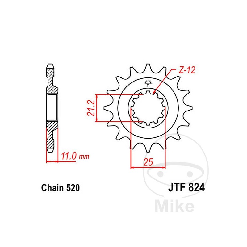 JT SPROCKETS Piñón transmisión engranaje fino 12T P-520 Ø21/25MM 726.00.45