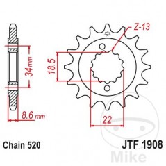 JT SPROCKETS Piñón transmisión engranaje fino 14T P-520 Ø19/22MM 726.02.16