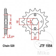 JT SPROCKETS Piñón transmisión engranaje grueso 15T 520 4 Ø16/20 726.02.21
