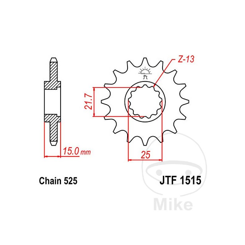 JT SPROCKETS Fine gear transmission pinion 15T 525 Ø21.6/25 726.03.67