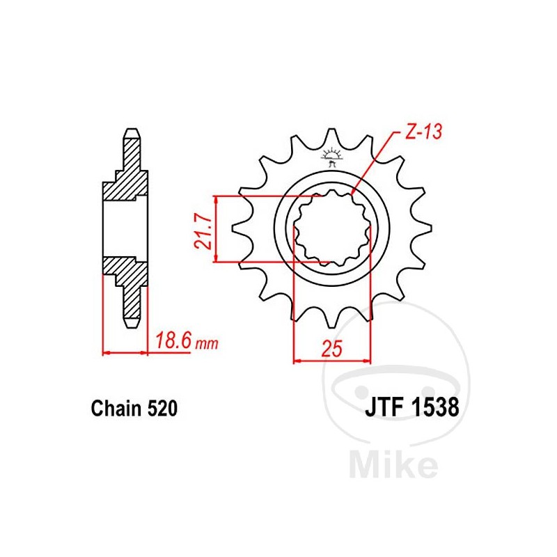 JT SPROCKETS Piñón transmisión engranaje fino 13T P-520 Ø22/25MM 726.01.75