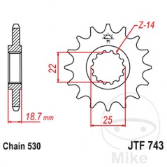 JT SPROCKETS Piñón transmisión engranaje fino 14T P-530 Ø22/25MM 726.02.52