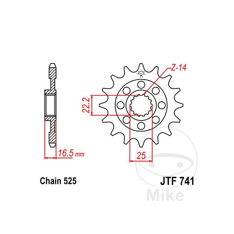 JT SPROCKETS Piñón transmisión engranaje fino RACING 14T 525 Ø22/25 726.09.12