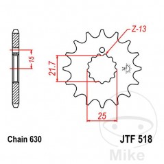 JT SPROCKETS Fine gear transmission pinion 13T P-530 Ø21.6/25MM 726.25.12