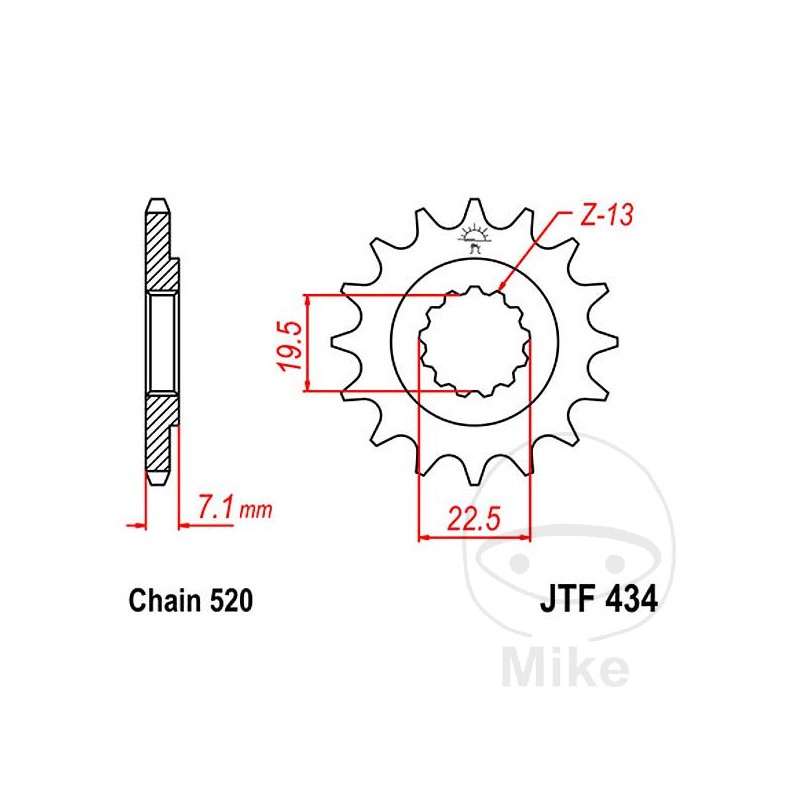 JT SPROCKETS Fine gear transmission pinion 13T P520 Ø19.5/22MM 726.04.80