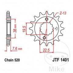 JT SPROCKETS Piñón transmisión engranaje fino 16T P-520 Ø19.5/22MM 726.02.04