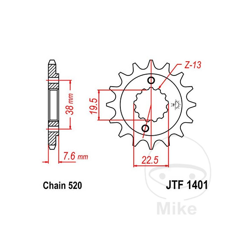 JT SPROCKETS Piñón transmisión engranaje fino 16T P-520 Ø19.5/22MM 726.02.04