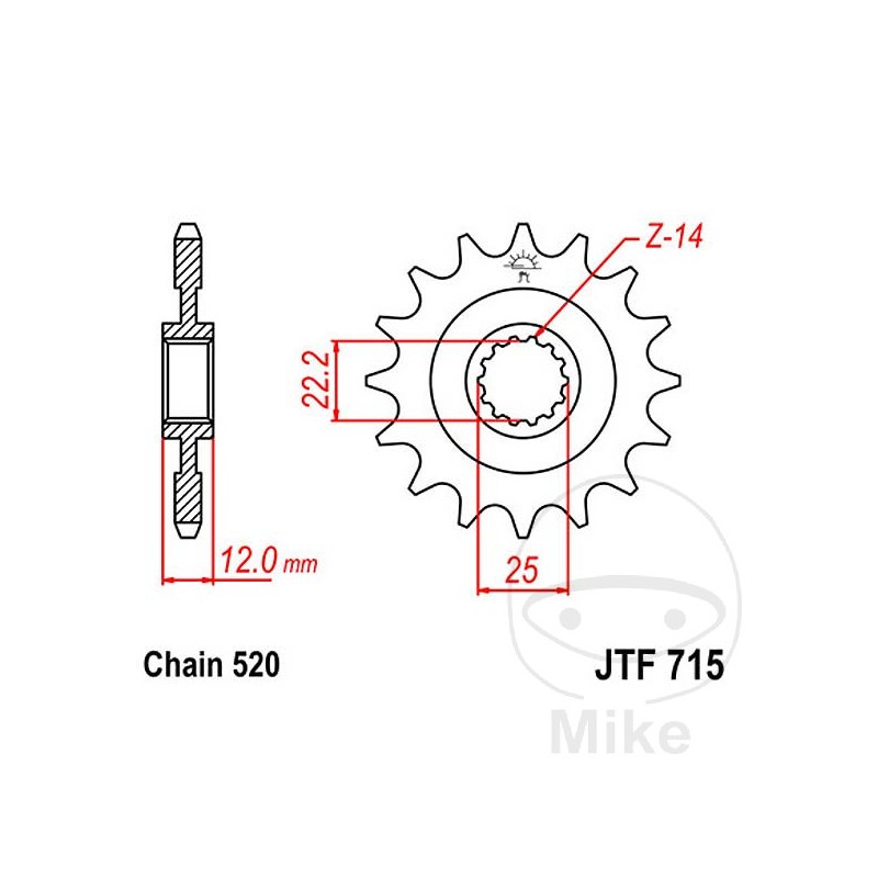 JT SPROCKETS Fine gear transmission pinion 12T 520 Ø22/25 726.38.41
