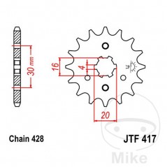 JT SPROCKETS Piñón transmisión engranaje grueso 17T P-428 4 Ø16/20MM 726.01.18