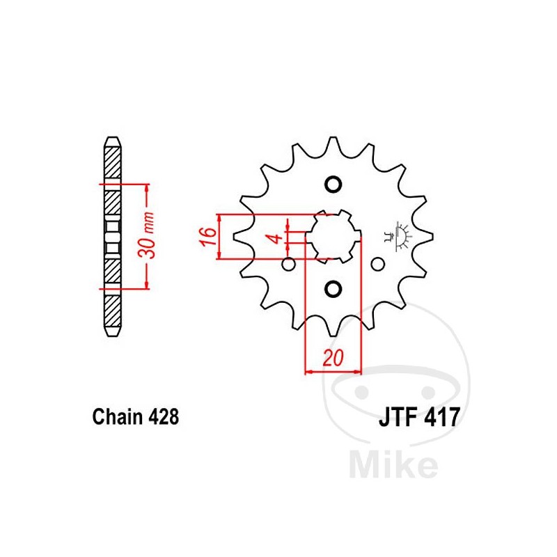 JT SPROCKETS Piñón transmisión engranaje grueso 17T P-428 4 Ø16/20MM 726.01.18