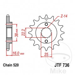 JT SPROCKETS fine gear transmission pinion 13T P-520 Ø22/25 MM 726.01.65