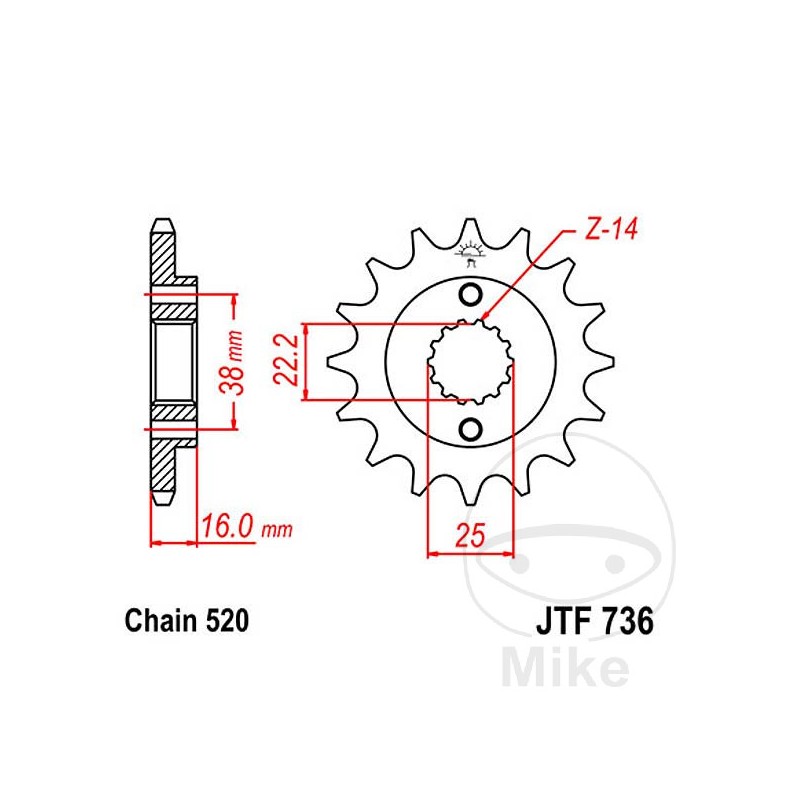 JT SPROCKETS fine gear transmission pinion 13T P-520 Ø22/25 MM 726.01.65