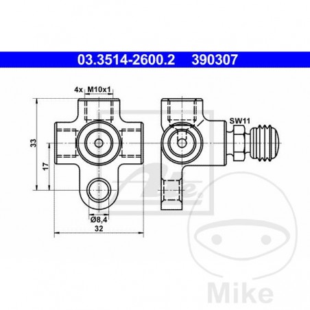 ATE Distribuidor para latiguillo de freno con válvula 4X M10 X 1 F 4421292
