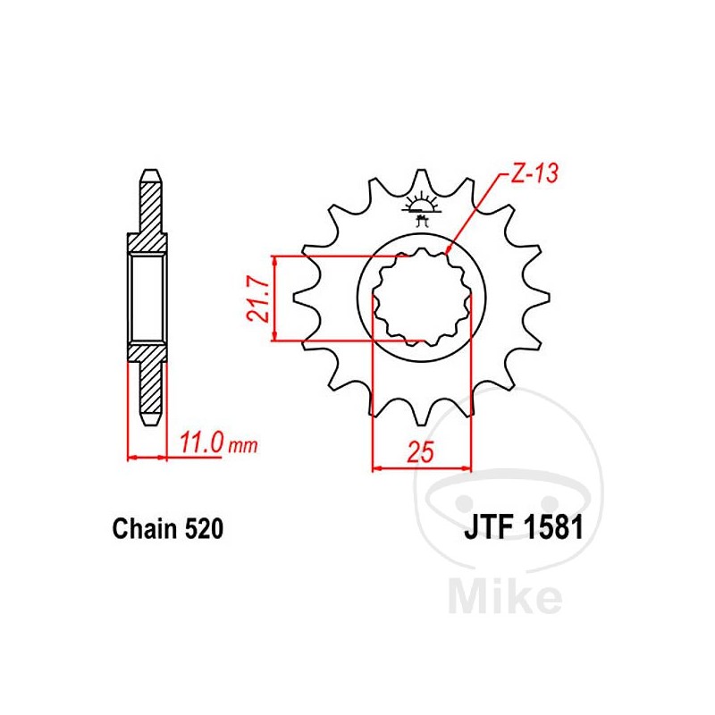 JT SPROCKETS fine gear transmission pinion 13T P-520 Ø21.6/25 MM 726.04.93