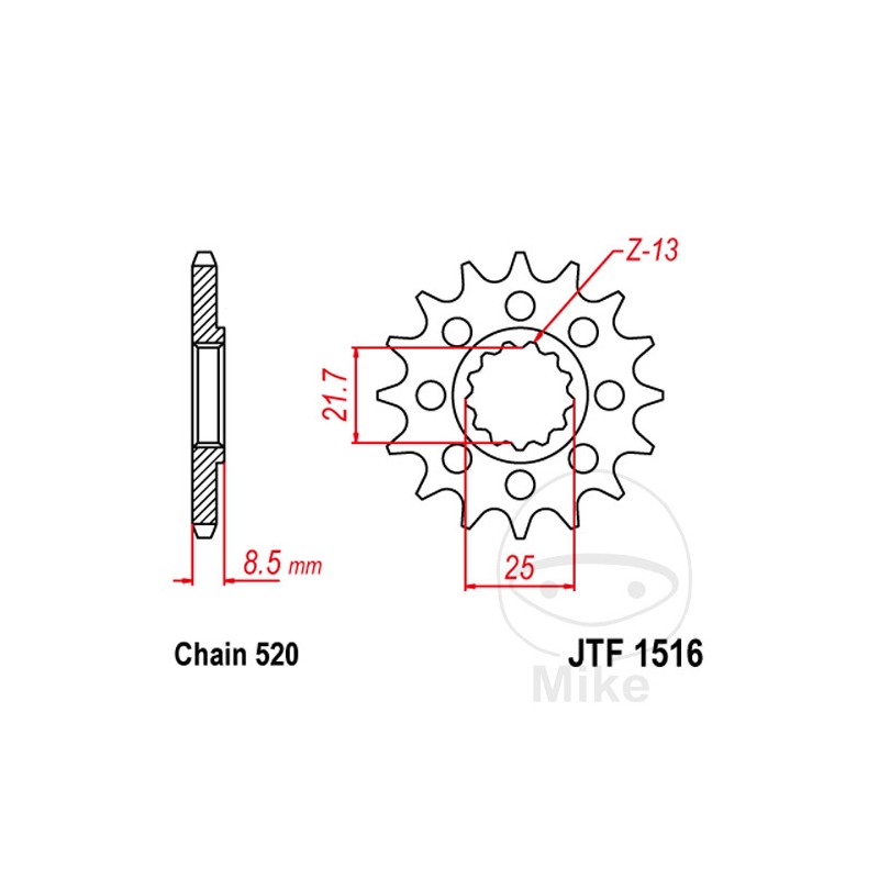 JT SPROCKETS Piñón racing engranaje fino 16T P-520 Ø21.7/25 MM 726.02.33
