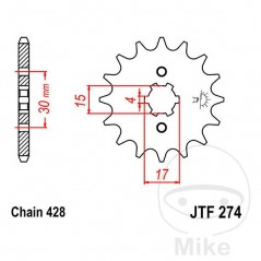 JT SPROCKETS Piñón delantero engranaje grueso 13 TEETH 428 4 Ø15/17 726.00.88