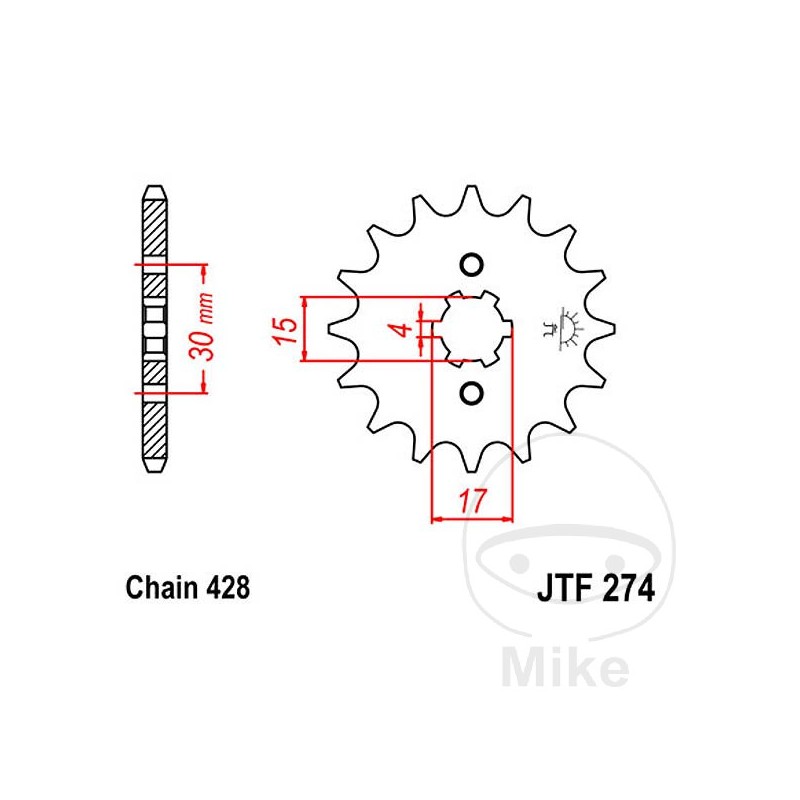JT SPROCKETS Piñón delantero engranaje grueso 13 TEETH 428 4 Ø15/17 726.00.88