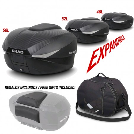 SHAD Baul trasero moto expandible SH58X con bolsa interna y respaldo para pasajero D0B58106-KIT3
