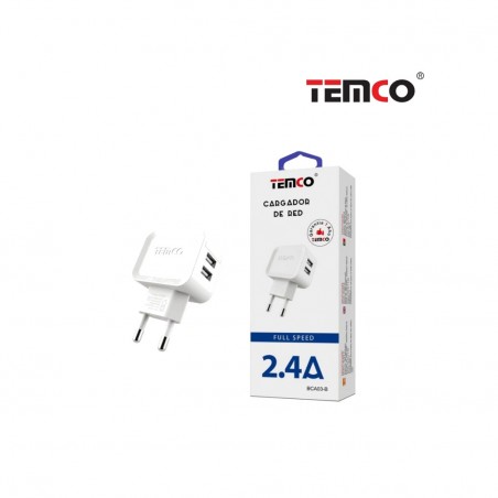 TEMCO Cargador de red con 2 puertos carga rapida USB (A+A) 2,4A 220/240V 22071